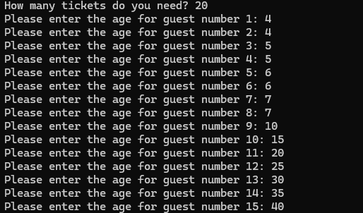 First part of output for my movie tickets price calculator